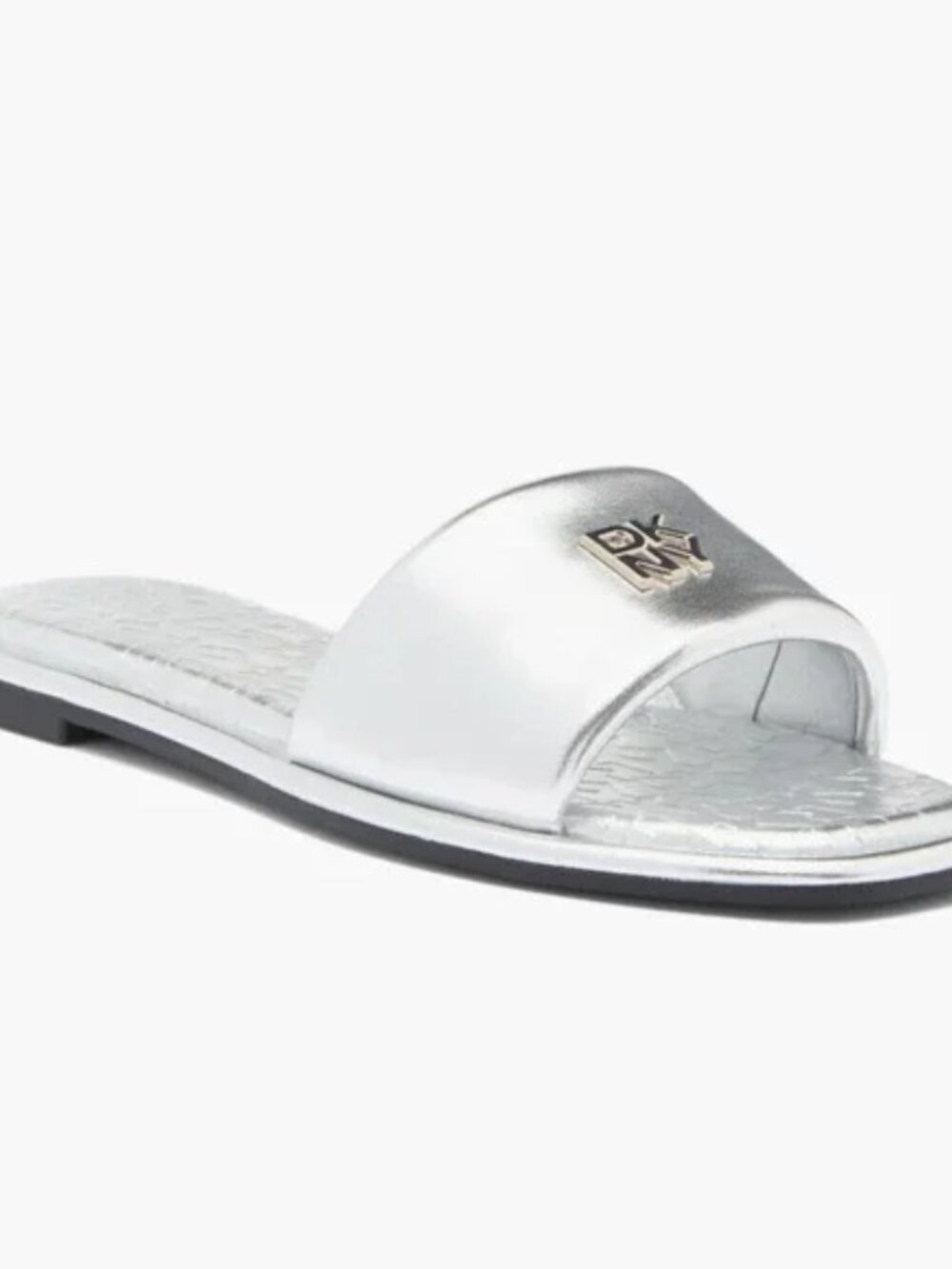 DKNY Women’s Bella Metallic Silver Embossed Logo Slide. Sz: 7